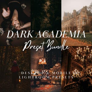May include: A digital collage featuring six images with dark, moody tones, including a stone building, a forest path, and an interior with a chandelier. The text reads DARK ACADEMIA Preset Bundle and DESKTOP & MOBILE LIGHTROOM PRESETS.