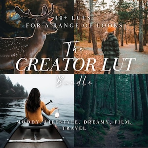 May include: A collage featuring a deer, a person in a forest, a person in a boat, and a forest path. Text includes "40+ LUTS FOR A RANGE OF LOOKS", "The CREATOR LUT Bundle", and "MOODY, LIFESTYLE, DREAMY, FILM, TRAVEL".