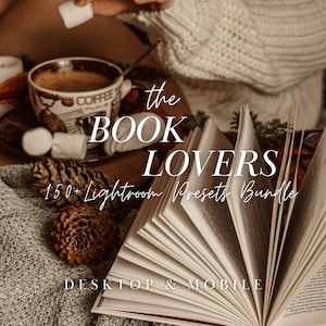 May include: An open book with white pages, a ceramic coffee mug, and two pinecones. The text reads: the BOOK LOVERS 150+ Lightroom Presets Bundle DESKTOP & MOBILE. The scene includes a textured gray knit fabric and a warm, brown-toned color palette.