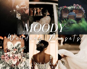 May include: A collage of wedding-themed images. The text "MOODY Wedding Presets" is overlaid on the images. The images include a bride, a bouquet, and a person playing a piano decorated with flowers. The text "DESKTOP & MOBILE LIGHTROOM PRESETS" is also included.