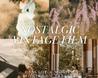 May include: A collage with a vintage aesthetic, featuring a woman in a white dress, and the text "NOSTALGIC VINTAGE FILM" and "DESKTOP & MOBILE LIGHTROOM PRESETS". The image has warm tones and focuses on natural light and outdoor settings.