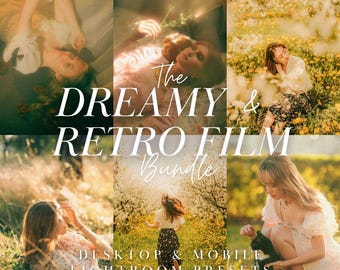 May include: A digital collection of six photographic images featuring warm, golden-toned outdoor scenes with individuals in natural settings. The text overlay reads: The DREAMY & RETRO FILM Bundle DESKTOP & MOBILE LIGHTROOM PRESETS.