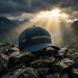 Könnte beinhalten: Eine dunkelgrüne Baseballkappe mit Netzrücken und dem Wort UNSTOPPABLE, das in goldener Schrift auf der Vorderseite eingestickt ist. Die Kappe verfügt über eine strukturierte Krone, einen gebogenen Schirm und einen Knopf an der Oberseite.
