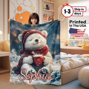 Personalized Christmas Bear Blanket for Kids, Custom Name Baby Blanket, Cute Winter Bear Throw ,Holiday Nursery Gift for Boys & Girls