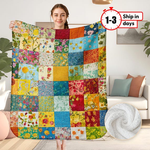 Patchwork Personalized Sherpa Blanket, Sherpa Customized Photo Design Text Logo Name Picture Gift for Women Men Friends Kids Baby Dogs Pets