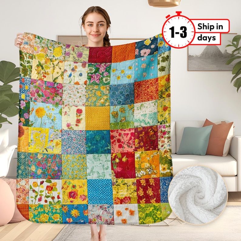 May include: A colorful patchwork quilt with a variety of floral patterns. The quilt is made up of squares of different colors and fabrics, and it has a rustic, vintage look.
