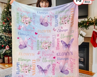 Butterfly Custom Blanket, Personalized Name Blanket, Kids Christmas Gift