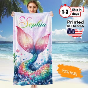 Custom Mermaid Beach Towel, Personalized Name Beach Towel For Kids Adults, Microfiber Lightweight Quick Dry Beach Towel , Bath Towel