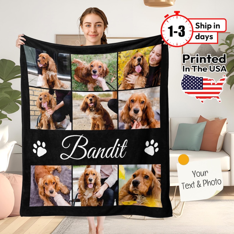May include: A black fleece blanket featuring a collage of six photographs of a brown and white dog. The blanket has the name "Bandit" printed in white cursive font and two white paw prints on either side of the name.