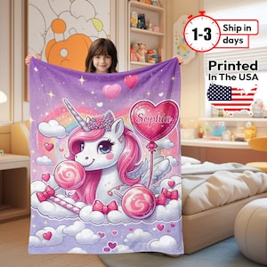 Personalized Pink Unicorn Blanket, Cute Custom Name Kids Throw, Soft Magical Toddler Blanket Gift for Girls, Adorable Unicorn Gift