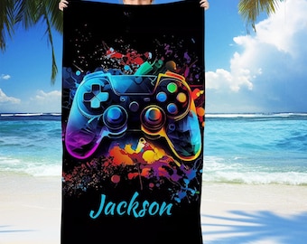 Custom Gamer Beach Towel with Name, Personalized Video Game Towel for Boys or Girls, Cool Gaming Gift for Him or Her, Game Enthusiast Towel