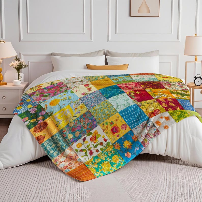 May include: A colorful patchwork quilt with a floral pattern. The quilt is made up of squares of different fabrics, each with a unique floral design. The quilt is folded and draped over a bed with white bedding.