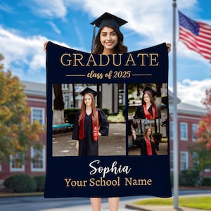 Custom Graduation Sherpa Fleece Blanket, Personalized Photo, Name Blanket, Graduation Gift for High School, College Seniors
