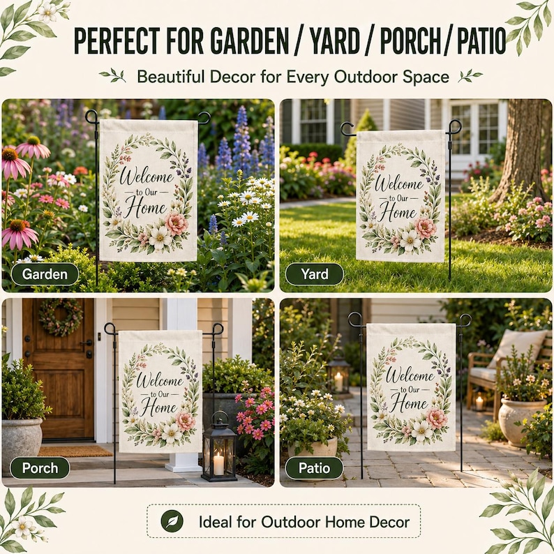 May include: A rectangular garden flag featuring a white background with a central floral wreath made of green leaves and pink and white flowers. The text "Welcome to Our Home" is printed in black script in the center of the wreath. The flag is displayed on a black metal stand.