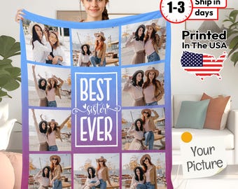 Personalized Photo Blanket For Sister, Custom Photo Blanket with Text, Personalized Gift, Memorial Blanket, Anniversary Gift Blanket