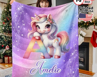 Personalized Unicorn Name Blanket for Girls, Custom Initial Baby Blanket, Sherpa Fleece Throw, Magical Birthday Gift, Nursery Decor
