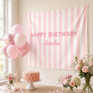 Personalized Birthday Tapestry, Striped Birthday Backdrop, Custom Name Wall Hanging for Girls Birthday Party Decor