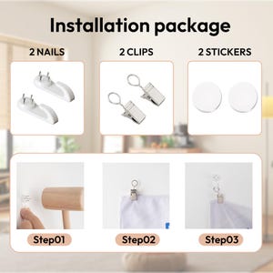 May include: An installation package with 2 nails, 2 clips, and 2 stickers. The image shows the steps for installation, including using a hammer, attaching a clip, and hanging an item. The text "Installation package" is at the top.