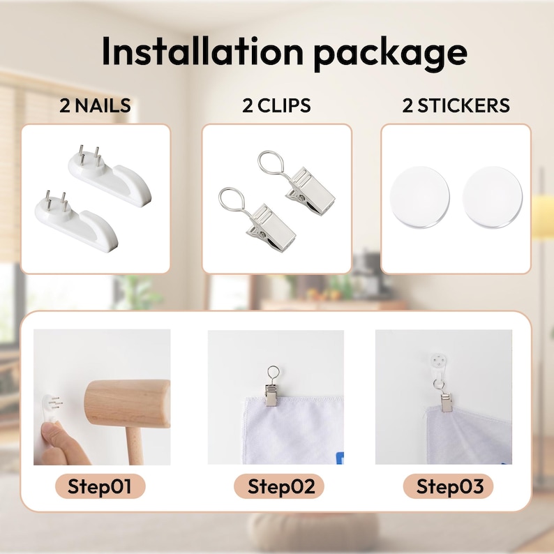 May include: An installation package with 2 nails, 2 clips, and 2 stickers. The image shows the steps for installation, including using a hammer, attaching a clip, and hanging an item. The text "Installation package" is at the top.