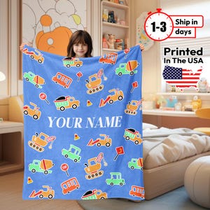 Personalized Construction Truck Blanket, Custom Name Blanket for Kids or Baby, Excavator Dump Truck Theme, Gift for Boys or Toddlers