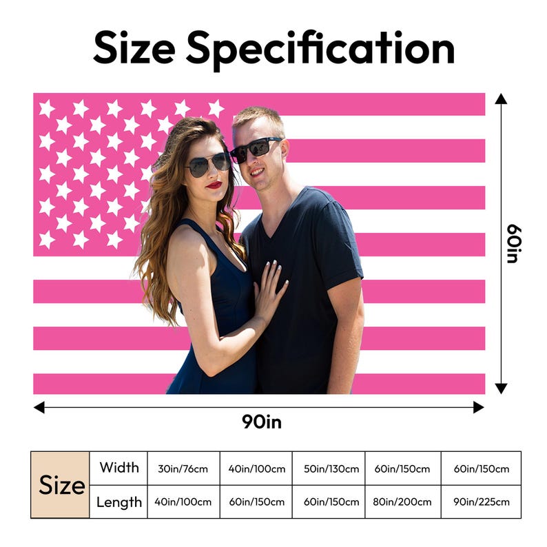 May include: A pink and white American flag with a couple in front of it. The flag is 90 inches wide and 60 inches tall. Size specifications are listed below the flag, including width and length measurements in inches and centimeters.