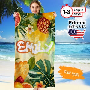 Personalized Beach Towel Personalized Name Bath Towel Custom Tropical Fruits Beach Towel With Name Outside bachelorette gifts