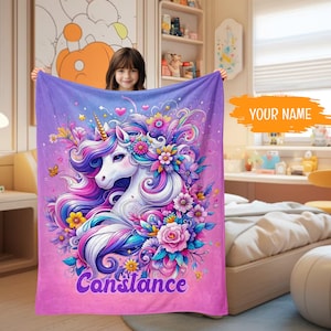 Personalized Purple Unicorn Blanket , Custom Name Kids Throw , Soft Magical Toddler Blanket Gift for Girls, Magical Kids Gift