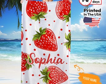 Custom Name Strawberry Beach Towel – Personalized Fruit Towel for Girls – Cute Summer Pool Towel – Custom Name Towel Gift