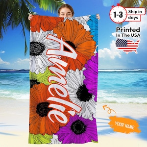 Personalized Beach Towel , Bright Summer Floral Design , Custom Name Towel , Colorful Flower Print , Vacation Gift for Her