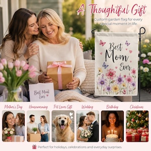 May include: A rectangular garden flag featuring the text Best Mom Ever in black script, surrounded by watercolor illustrations of pink, purple, and yellow flowers, butterflies, and small hearts, displayed on a black metal garden flag stand.