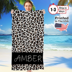Personalized Leopard Print Beach Towel – Custom Name Pool Towel – Trendy Animal Print Gift for Her – Summer Vacation or Bachelorette Gift