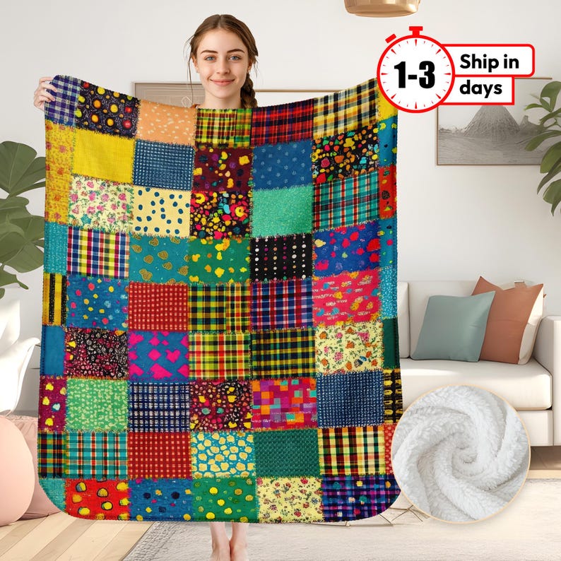May include: A colorful patchwork quilt throw blanket with a variety of colors and patterns, including red, green, blue, yellow, and white. The blanket is made of soft, comfortable fabric and is perfect for adding a touch of warmth and style to any room.
