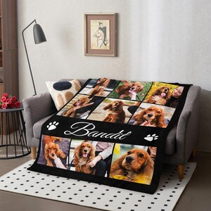 May include: Black fleece blanket featuring a collage of photos of a golden brown dog named Bandit. The blanket has a white paw print and the name Bandit in white cursive.