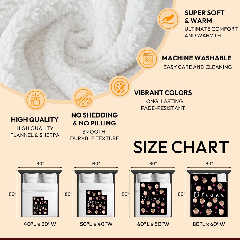May include: Size chart for a personalized fleece blanket with a black background and pink hearts. The blanket features the name "Oliver" in white text. Available sizes are 40" x 30", 50" x 40", 60" x 50", and 80" x 60".