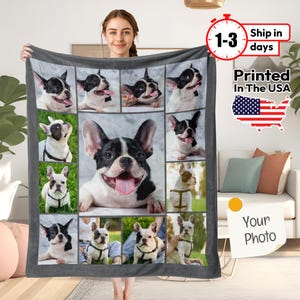 May include: A grey fleece blanket featuring a collage of nine photographs of French Bulldogs. The images are arranged in a grid pattern and show the dogs in various poses and expressions. The blanket is printed with the text "Printed In The USA" and "Your Photo" in the bottom right corner.