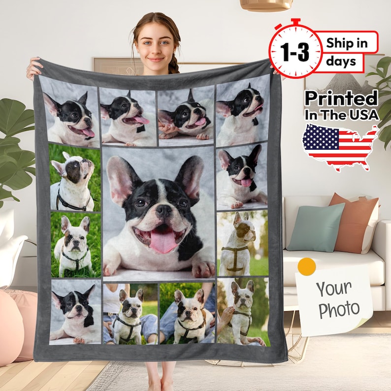 May include: A grey fleece blanket featuring a collage of nine photographs of French Bulldogs. The images are arranged in a grid pattern and show the dogs in various poses and expressions. The blanket is printed with the text "Printed In The USA" and "Your Photo" in the bottom right corner.