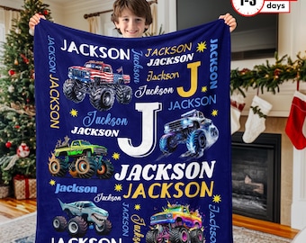 Personalized Monster Truck Name Blanket for Kids – Custom Truck Blanket, Boys Christmas Gift, Custom Name Throw Blanket