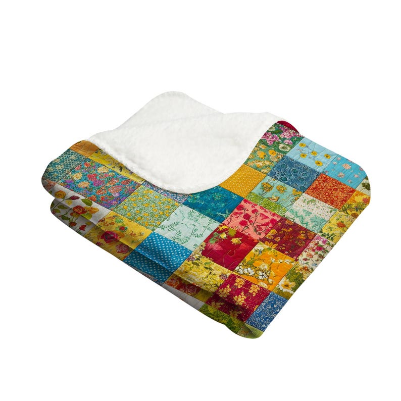 May include: A colorful patchwork fleece blanket with a white sherpa lining. The blanket features a variety of floral patterns in shades of red, yellow, blue, and green.