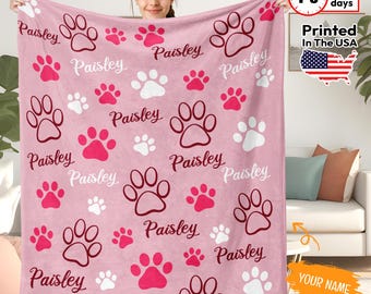 Personalized Name Dog Blanket With Paw Print, Custom Pet Name Blanket, Puppy Paw Blanket for Bedding,Dog Christmas Gifts Puppy Memorial Gift