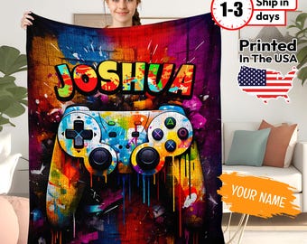 Custom Gaming blanket, Personalized Sherpa Fleece Name Blanket, Kids Blanket, Name Blanket Gift, Gamepad blanket for him, Xmas Gift for Boy