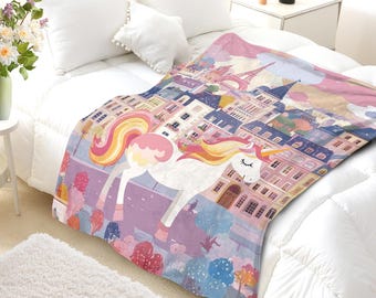 Kids Unicorn Blanket, Unicorn Throw Blankets for Girls, Fleece/ Sherpa, Toddler Gifts, Newborn Nursery, Safari Blanket, Baby Shower Gift
