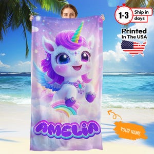 Personalized Unicorn Beach Towel – Custom Name Towel for Girls, Cute Magical Unicorn, Kids Summer Pool Gift