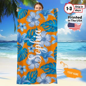 Floral Leaf Personalized Beach Towel – Custom Name Tropical Towel for Pool Days, Honeymoon, or Summer Gift