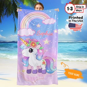 Unicorn Beach Towel for Girls - Personalized with Name, Cute Custom Gift for Kids, Birthday or Vacation Towel