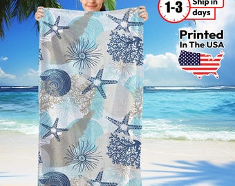 Ocean-Inspired Beach Towel – Starfish & Seashell Print, Nautical Pool Towel, Coastal Summer Throw, Sea Lover Gift