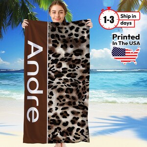 Personalized Leopard Print Beach Towel – Custom Name Towel – Trendy Animal Print Gift for Her – Summer Pool Towel