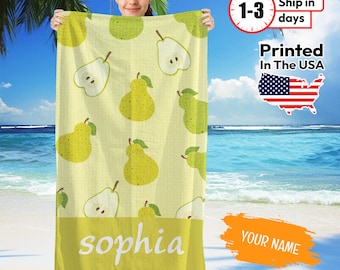Personalized  Lemon Pear Beach Towel, Watermelon Beach Towel, Custom Fruit Beach Towel, Custom name Beach Towel for Her