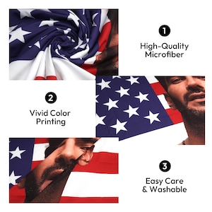 May include: A microfiber textile featuring the American flag design. The flag has a blue field with white stars and red and white stripes. The image also includes the text "High-Quality Microfiber", "Vivid Color Printing", and "Easy Care & Washable".