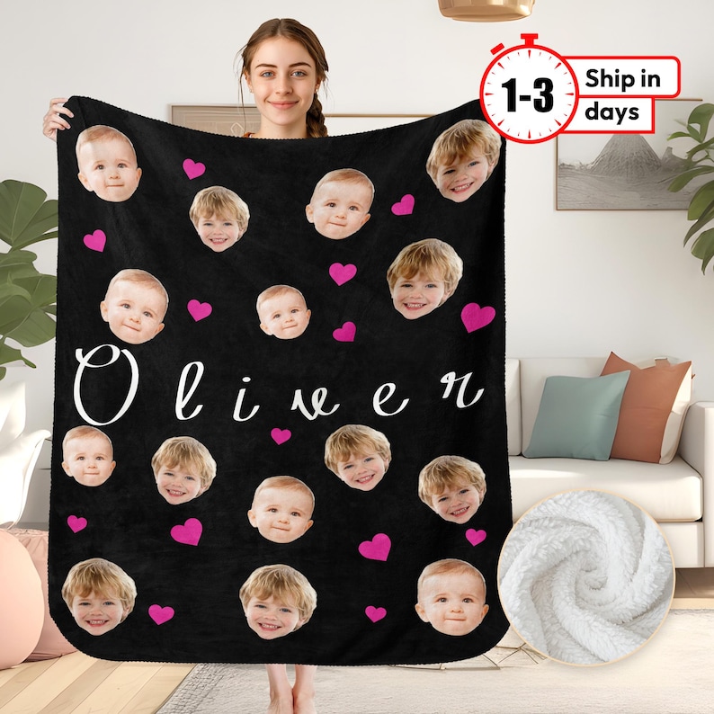 May include: A black fleece blanket with a pink heart pattern and multiple photos of children. The blanket has the name "Oliver" written in white cursive letters.