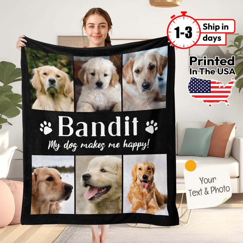 May include: Black fleece blanket featuring a collage of four photographs of a golden retriever dog. The text "Bandit" and "My dog makes me happy!" is printed in white on the blanket.